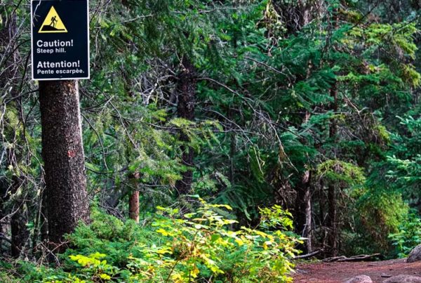 Reybroek Law blog - Municipal Liability - image of a beautiful green trail with a steep decline and signage warning, topic injury in a public park or public trail